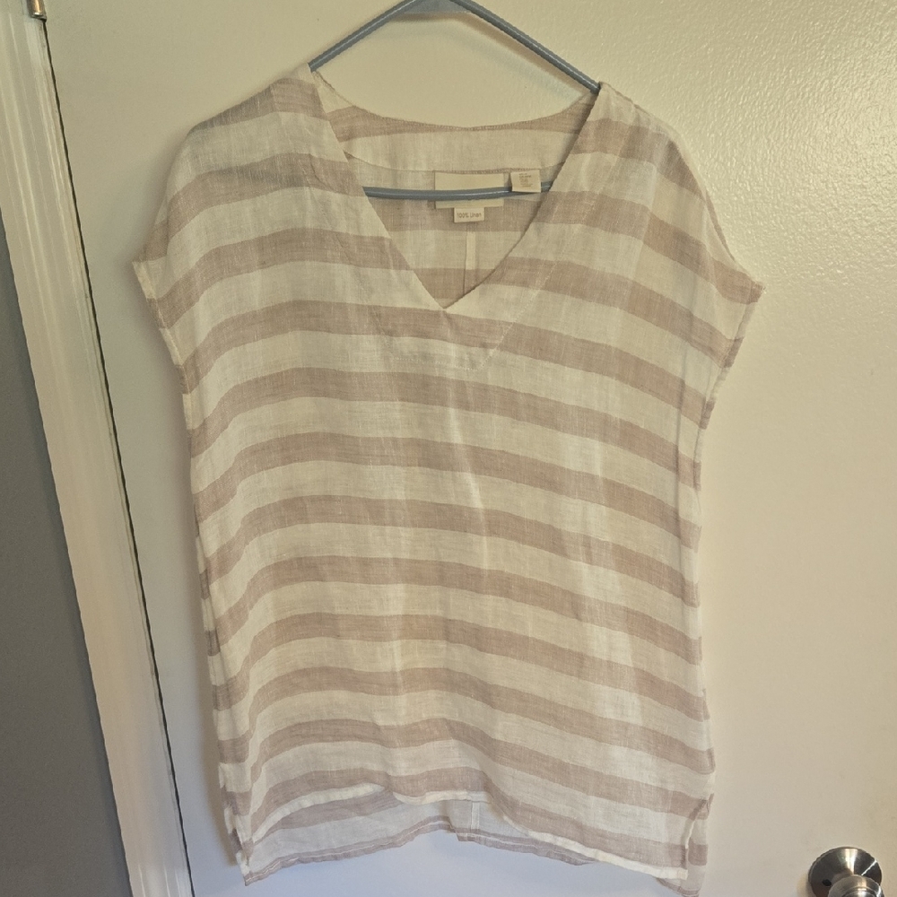 Beige and White Striped 100% Linen V-Neck Blouse